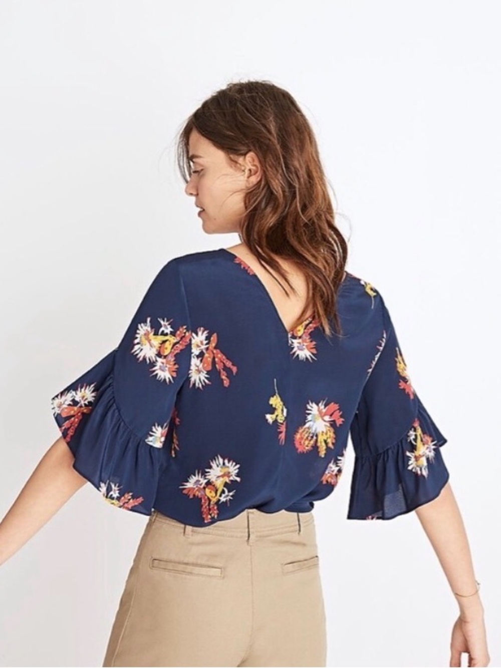 Madewell Cactus Floral Silk Navy Blouse